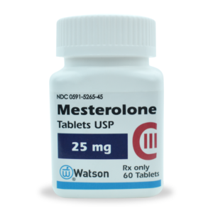 Bottle of Mesterolone 25 mg tablets